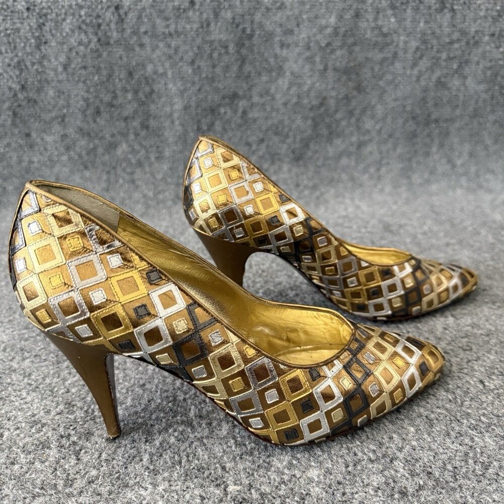 RENE CAOVILLA Gold Silver Mirror Mosaic Handwoven Leather Stiletto Pumps Heels 6